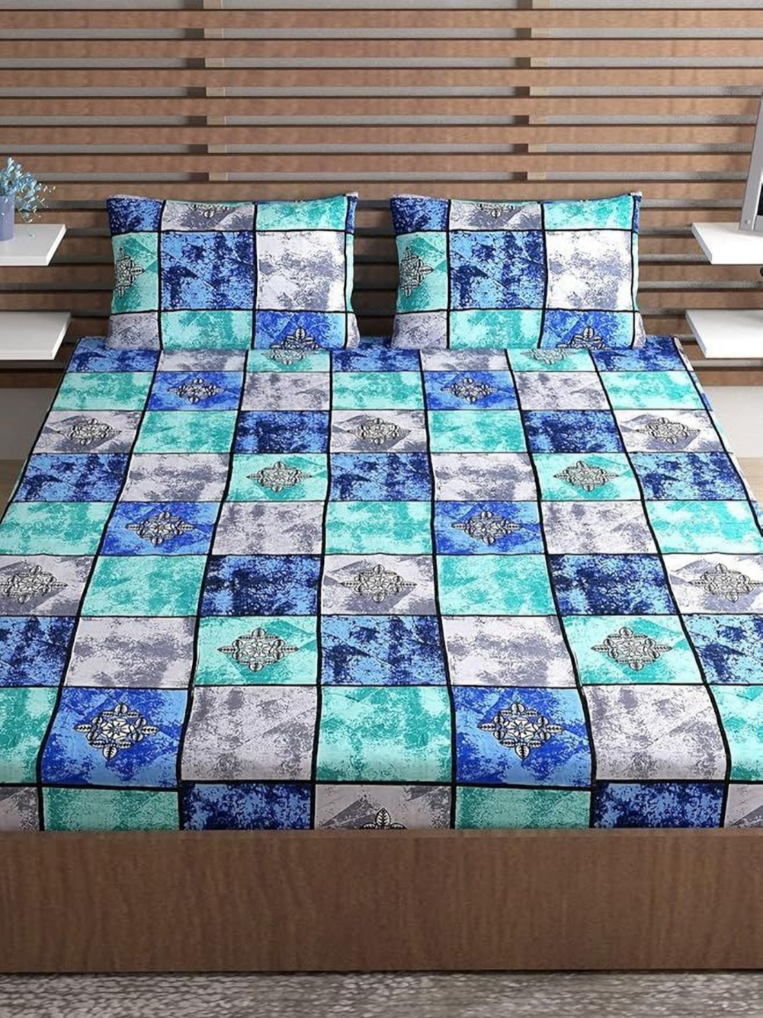 METRO LIVING Blue Ethnic Motifs Microfiber 120 TC Fitted Queen Bedsheet with 2 Pillow Covers-235 x 210 cm