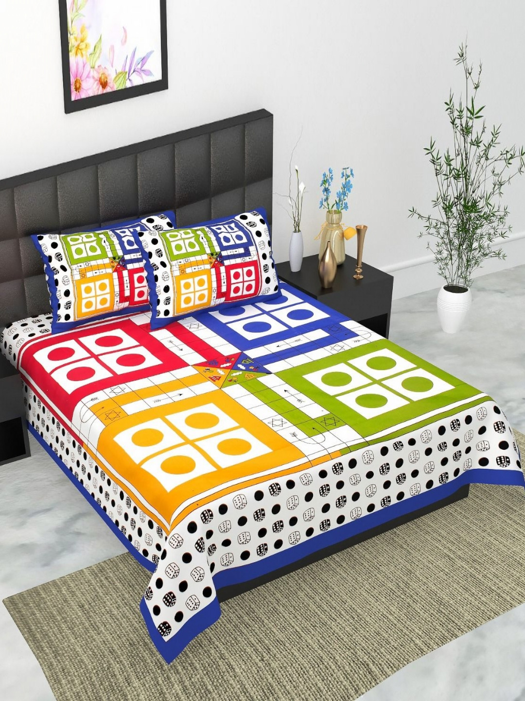 UNIBLISS Blue Geometric Cotton 144 TC Queen Bedsheet with 2 Pillow Covers-85 x 93 inches