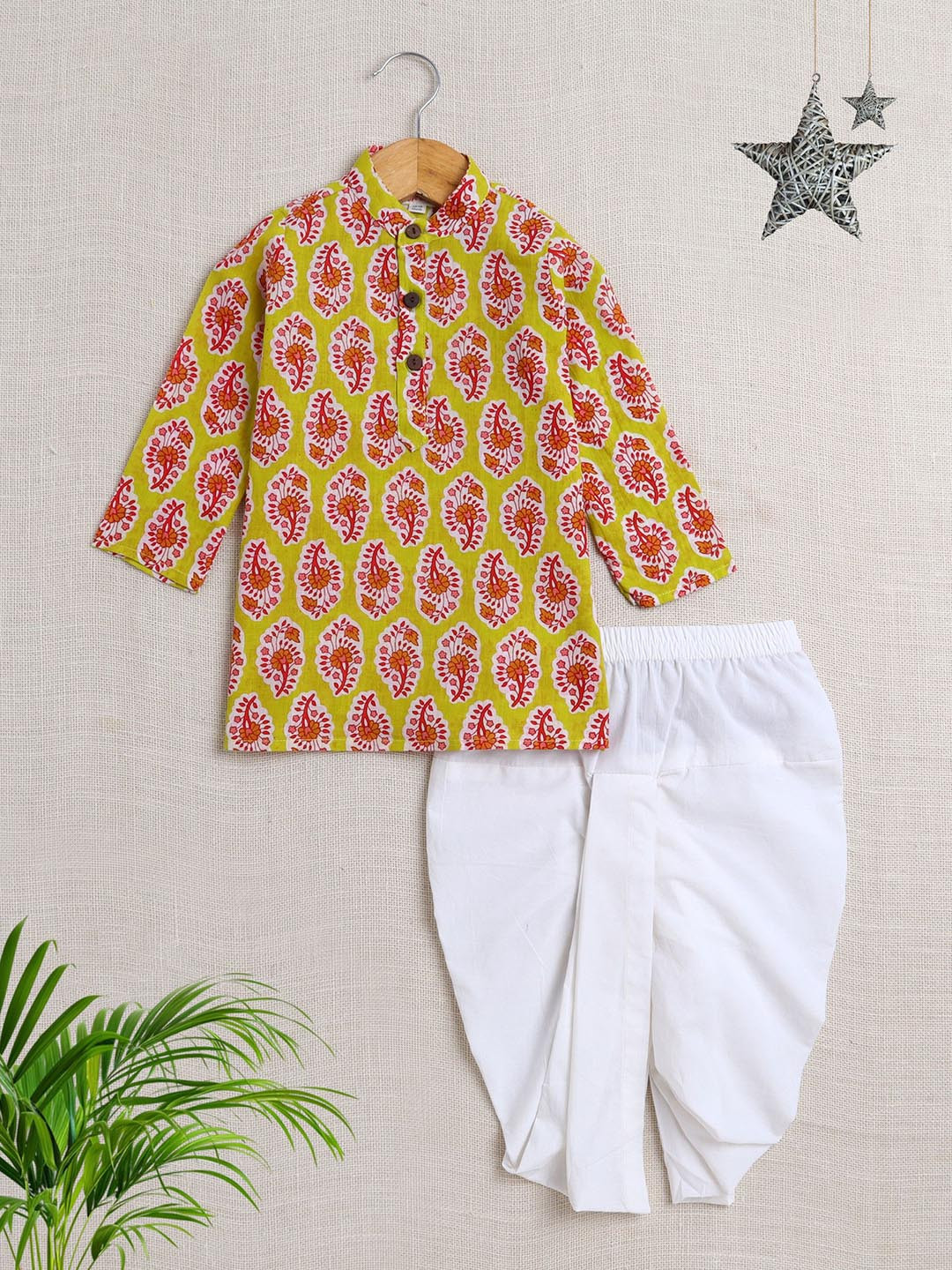 The Magic Wand Boys Floral Printed Band Collar Pure Cotton Straight Kurta With Dhoti Pants