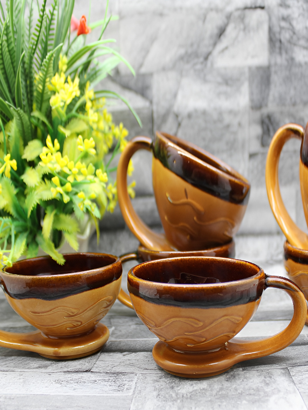 laghima jadon Brown Textured Ceramic Microwave Safe 6 Piece Cups-130ml