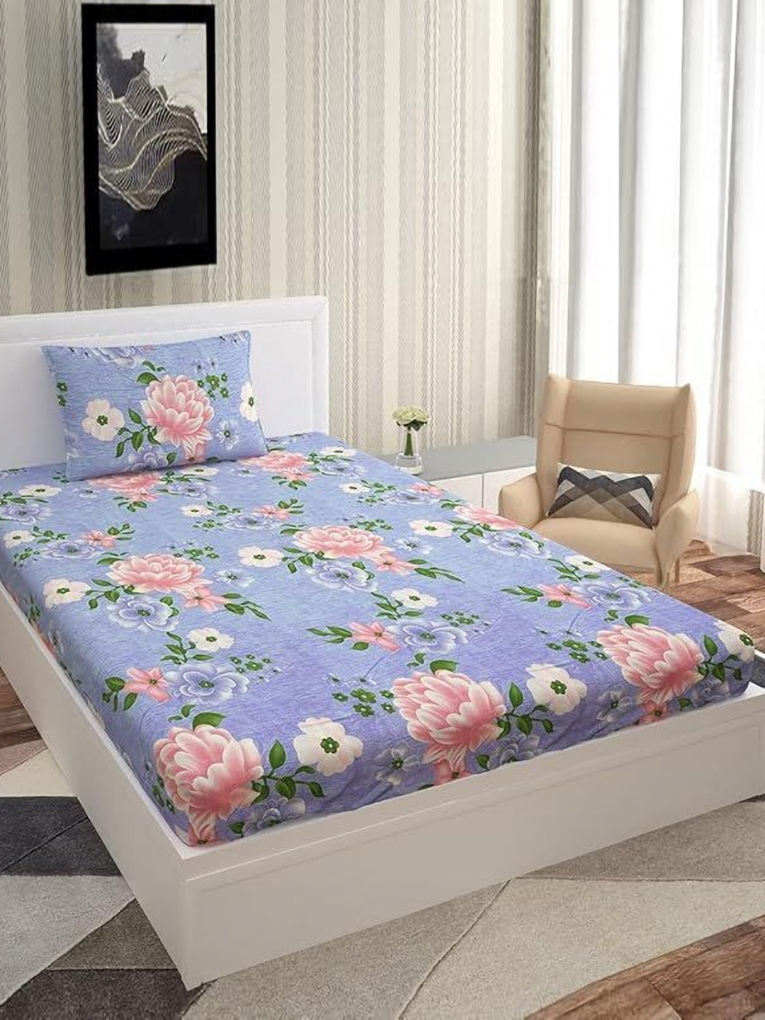 METRO LIVING Jaipuri Blue Floral Microfiber 160 TC Single Coarse Bedsheet with a Pillow Cover-85 x 57 inches