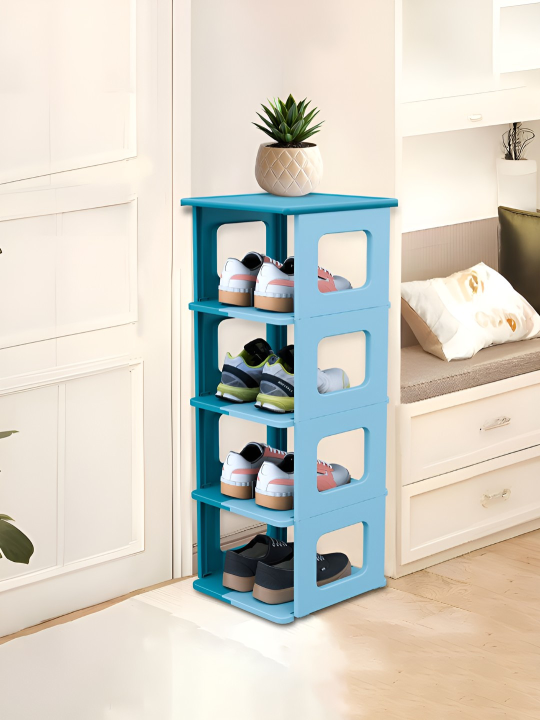 Kuber Industries Blue Stackable 4 Layer Shoes Rack