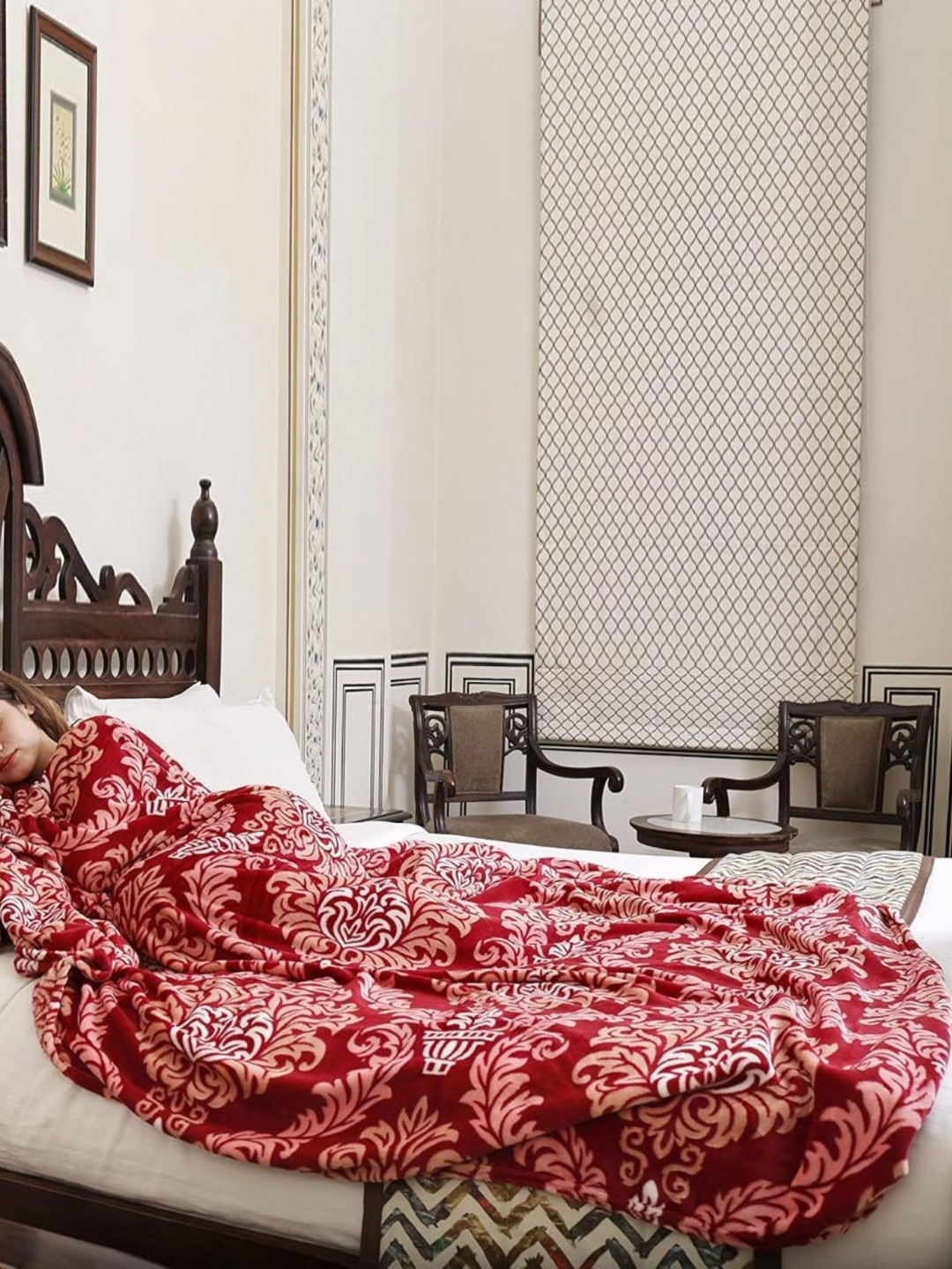Changers Red & White 3D Floral Printed AC Room 300 GSM Double Bed Blanket