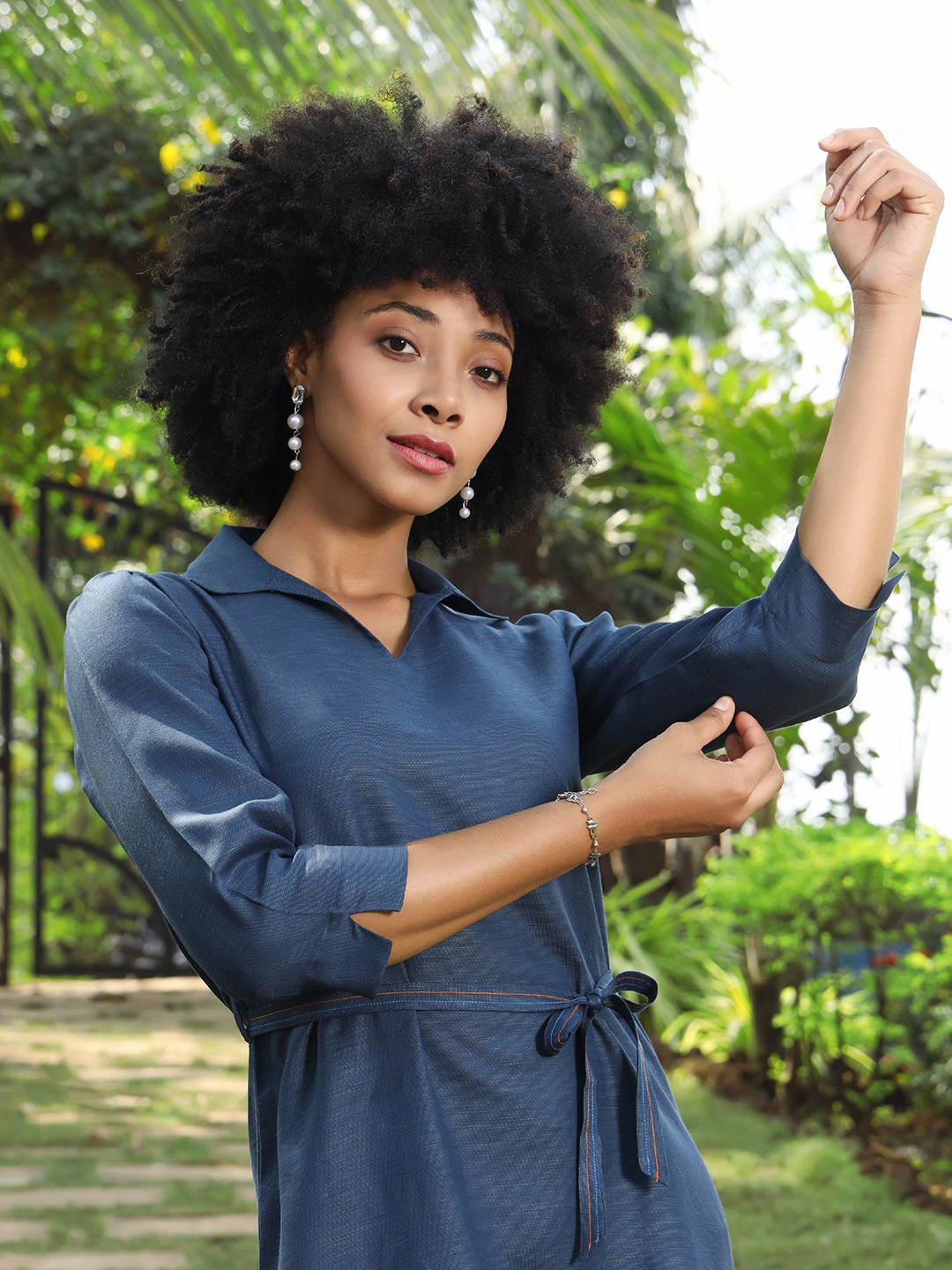 ROAR FOR GOOD Comfort Fit Hemp Dress with Open Collar and Adjustable Waist Belt