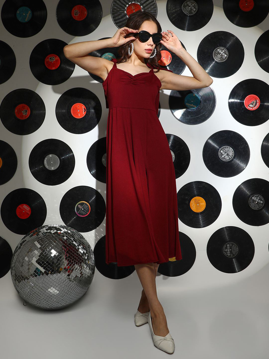 PINACOLADA Women's Red  Solid A-Line Sleeveless Midi Dress