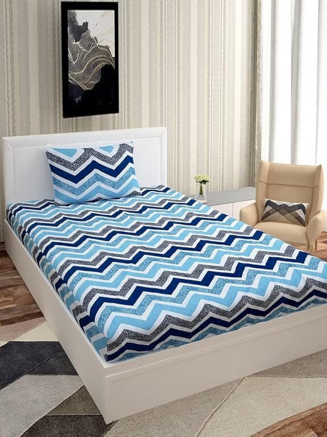 METRO LIVING Blue Chevron Microfiber 130 TC Single Bedsheet with a Pillow Cover-85 x 57 inches