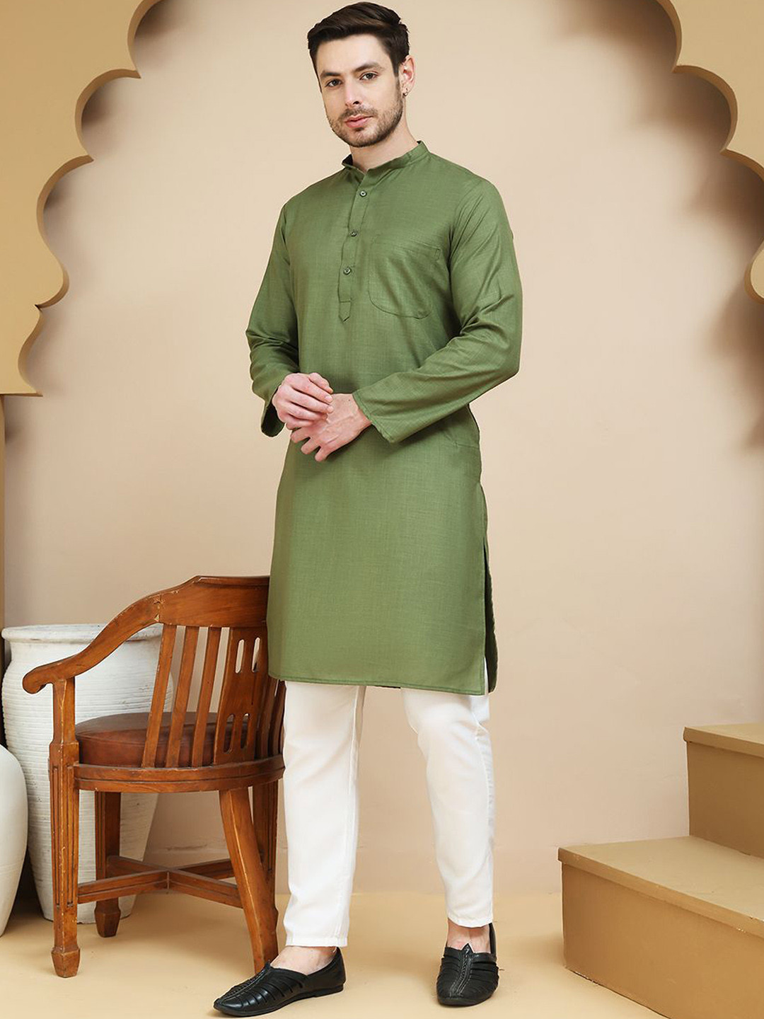 Anouk Mirage Band Collar Pure Cotton Straight Kurta With Pyjama
