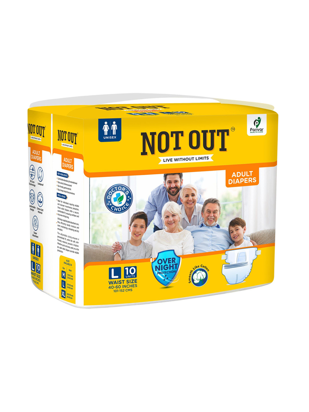 Not Out Unisex 3D Core Technology Adult Diapers - 10 Pieces - L