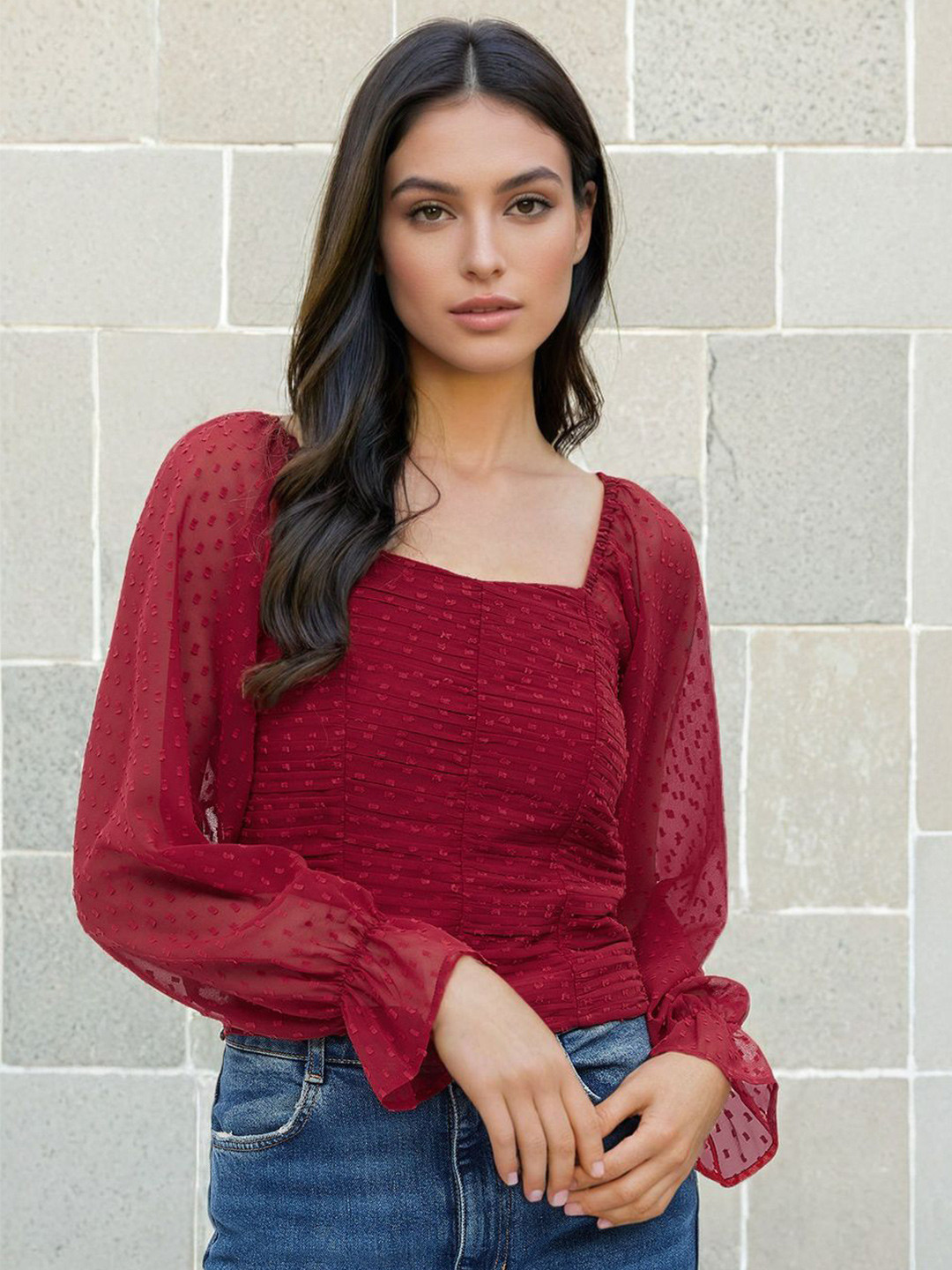 Maroon Square Neck Long Sleeve Crop Top