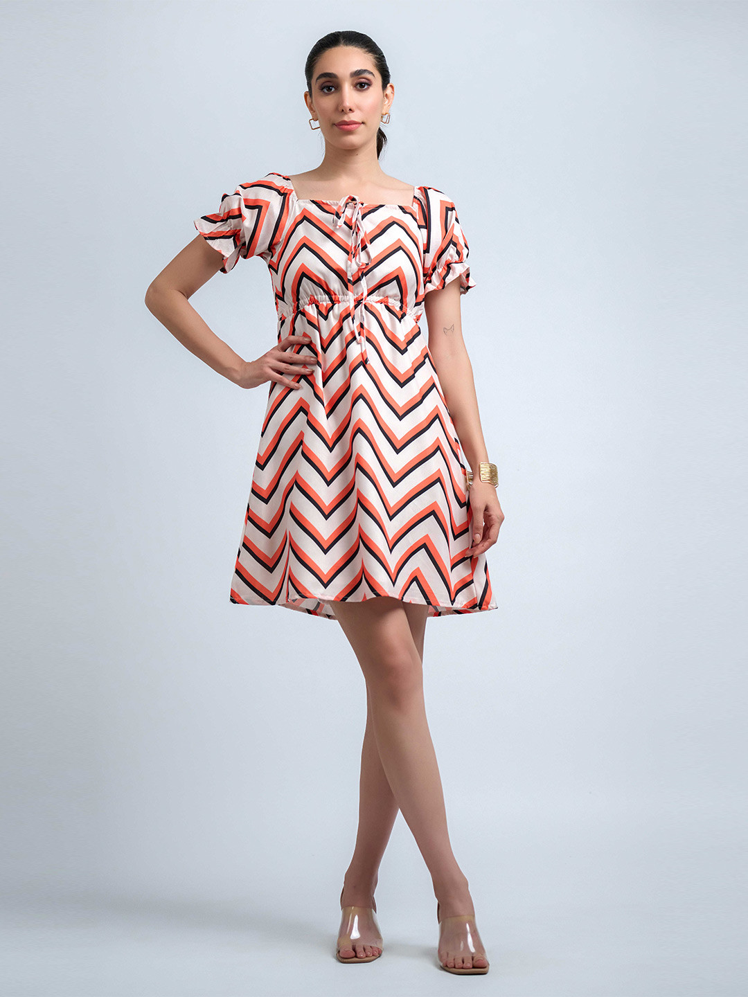 CORSICA Women Chevron Print Tie-Up Neck Puff Sleeve Fit & Flare Mini Dress