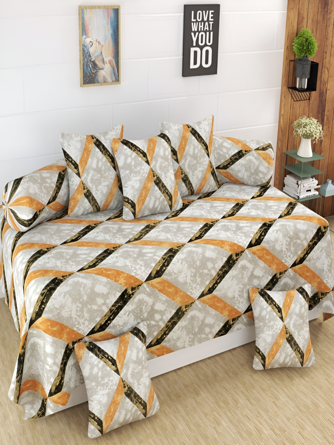 Aura Grey & Brown 8 Pieces Geometric Printed 160 TC Diwan Set