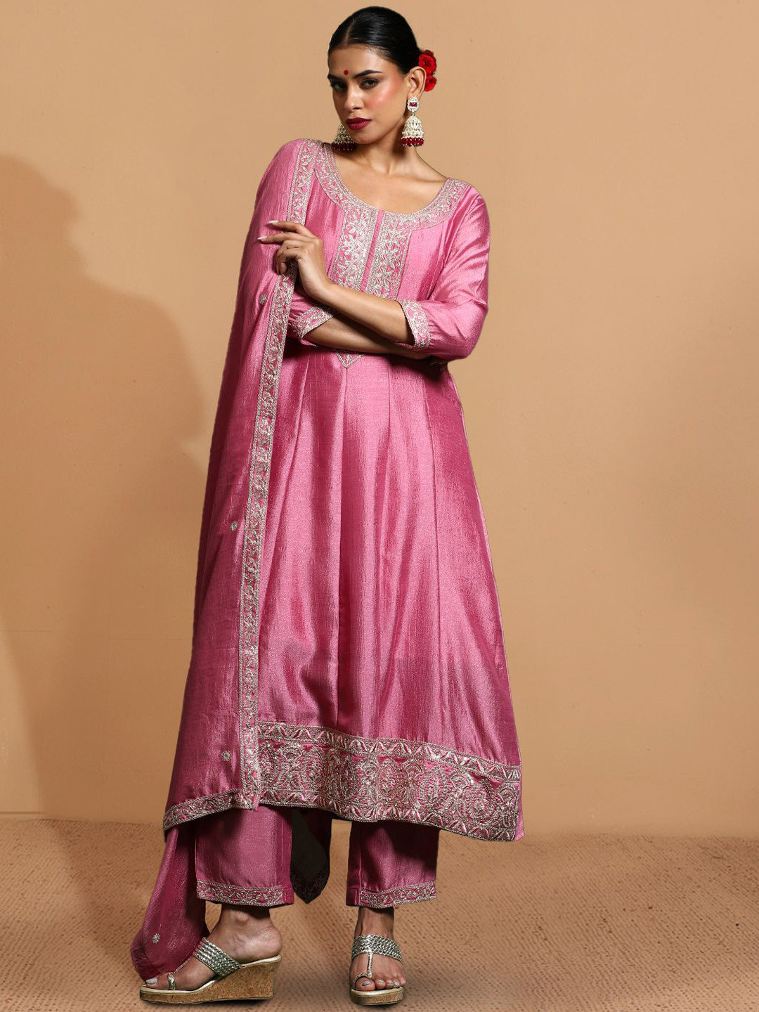 House of Pataudi Floral Yoke Design Scoop Neck Zari Anarkali Kurta & Trouser And Dupatta