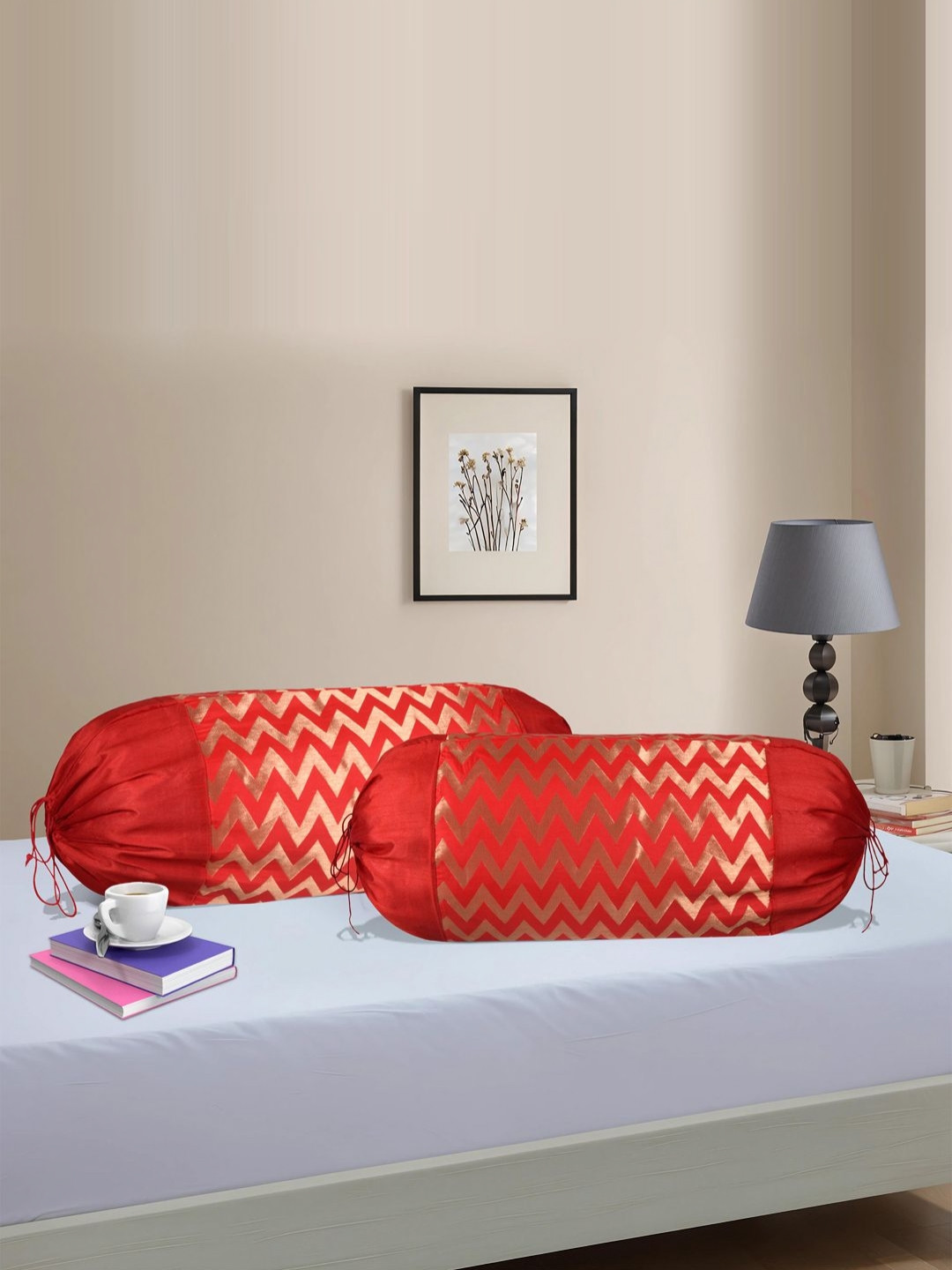 Myntra Elegant Homes Red 2Pcs Zig-Zag Self Design Breathable Bolster Covers