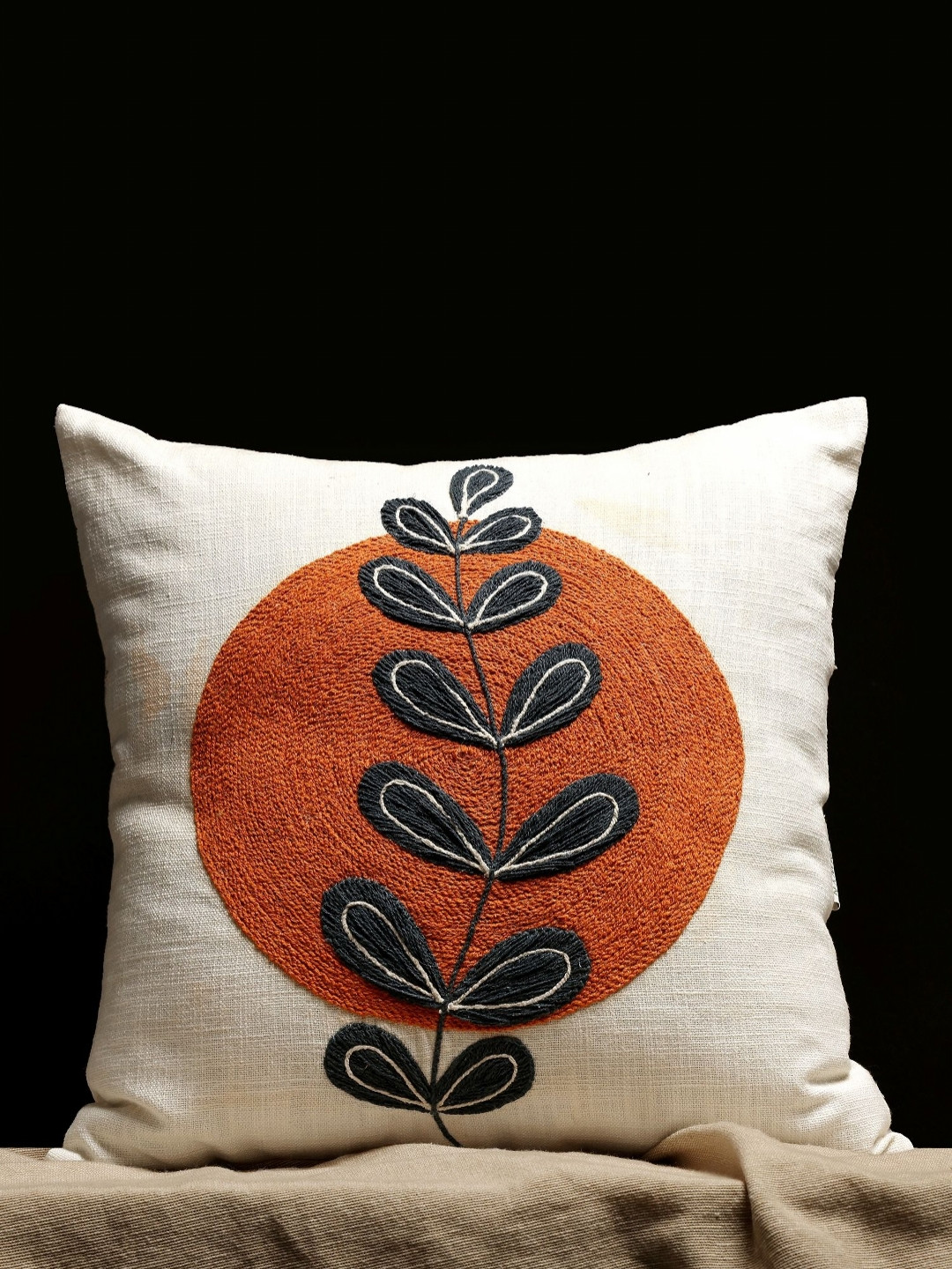 ANWYN Modern Indie White & Orange Embroidered Cotton Square Cushion Cover