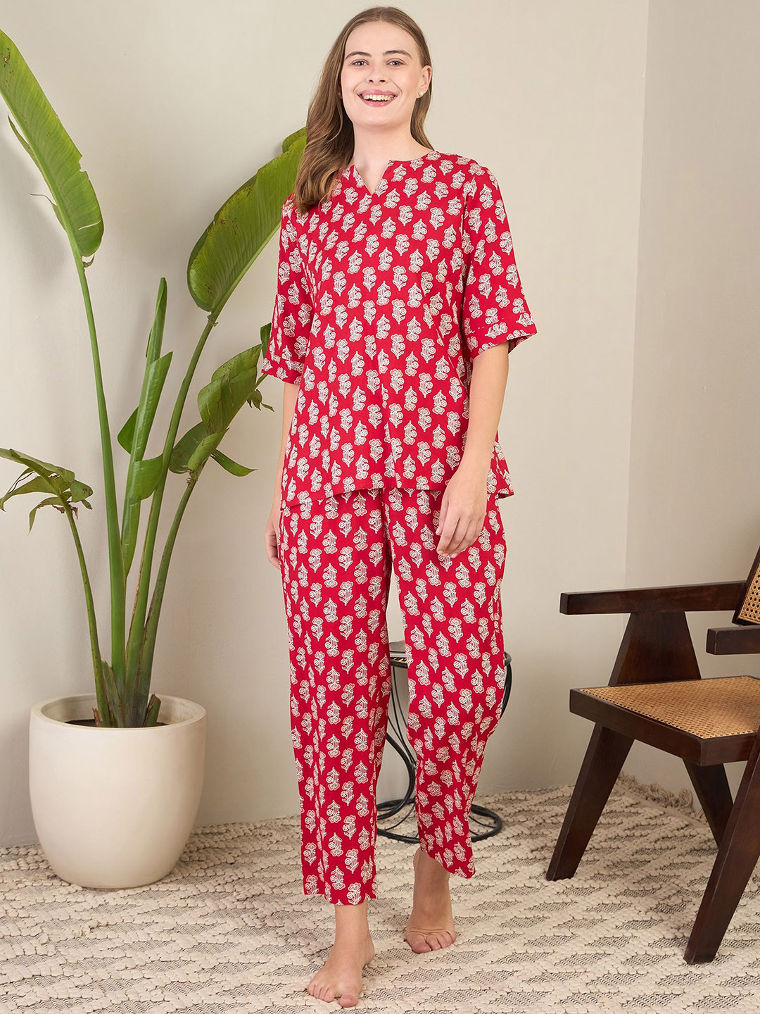 July Women Floral Printed Mandarin Collar Kurti Pyjamas Night suit