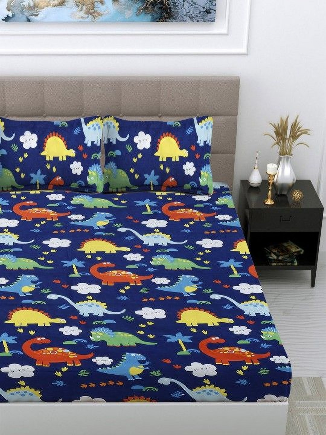 KIDS WONDERS Navy Blue Conversational Microfiber 250 TC King Superfine Bedsheet with 2 Pillow Covers-90 x 100 inches