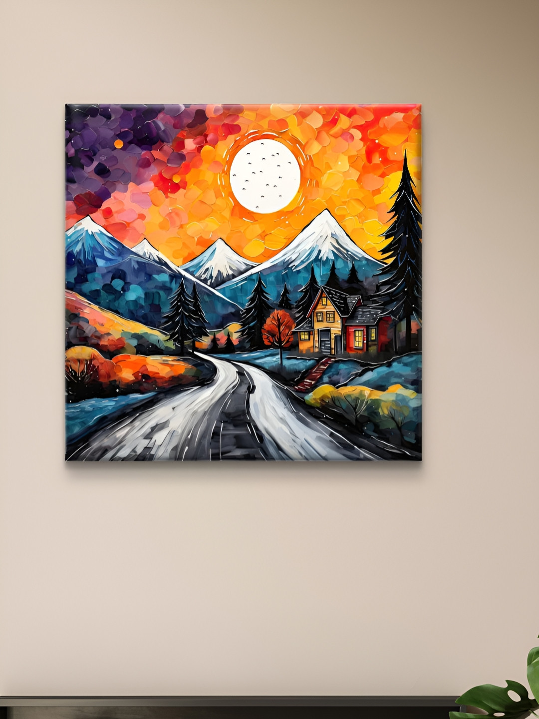 Livin'luxe Orange & Blue Abstract Full Moon And River Canvas Wall Art