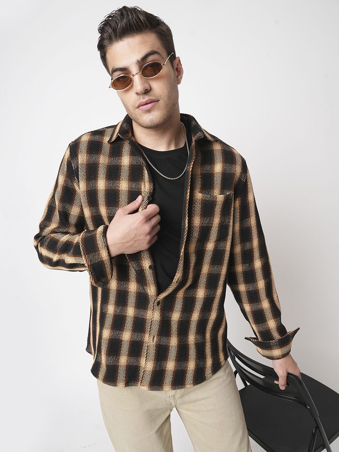 VASTRADO Men Vintage Russet Brown Plaid Checks Twill Slim Fit Shirt