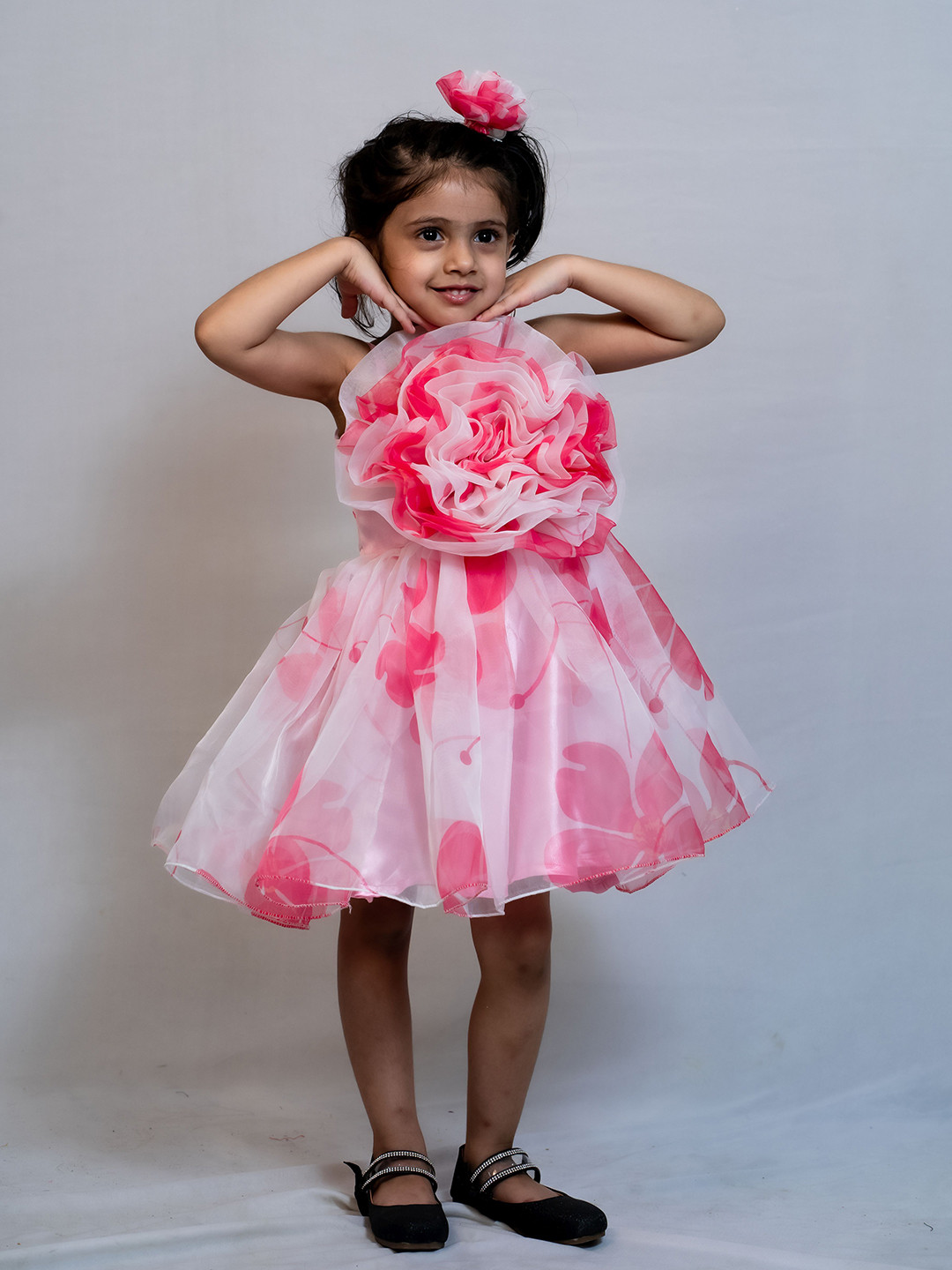 Modish Girls Floral Printed Applique Sleeveless Fit & Flare Dress