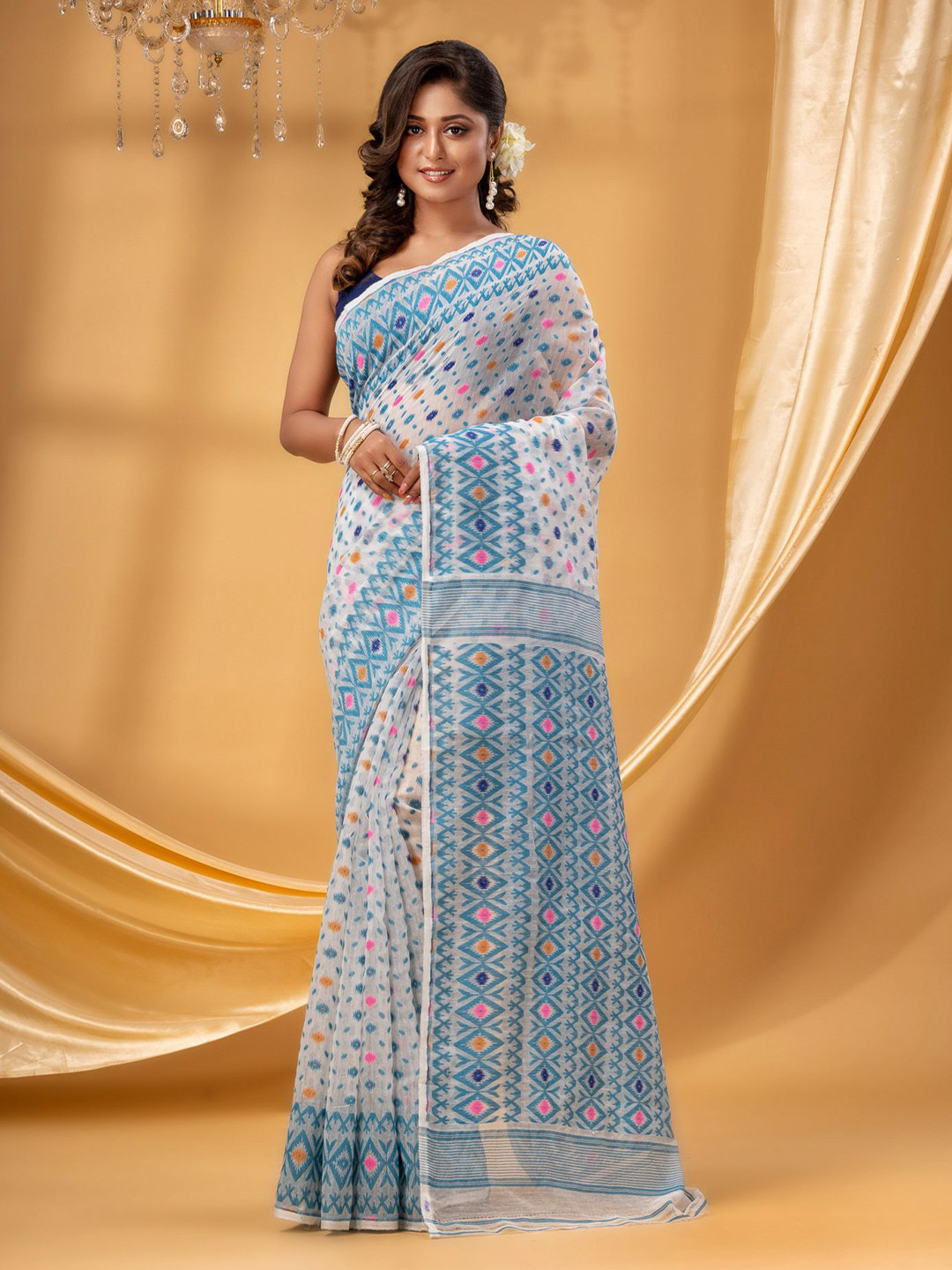 DESH BIDESH Woven Design Pure Cotton Ready to Wear Jamdani Saree