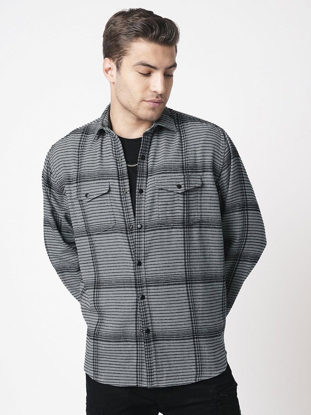 VASTRADO Men Fossil Grey Checked Slim Fit Double Flap Pocket Textured Casual Shirt