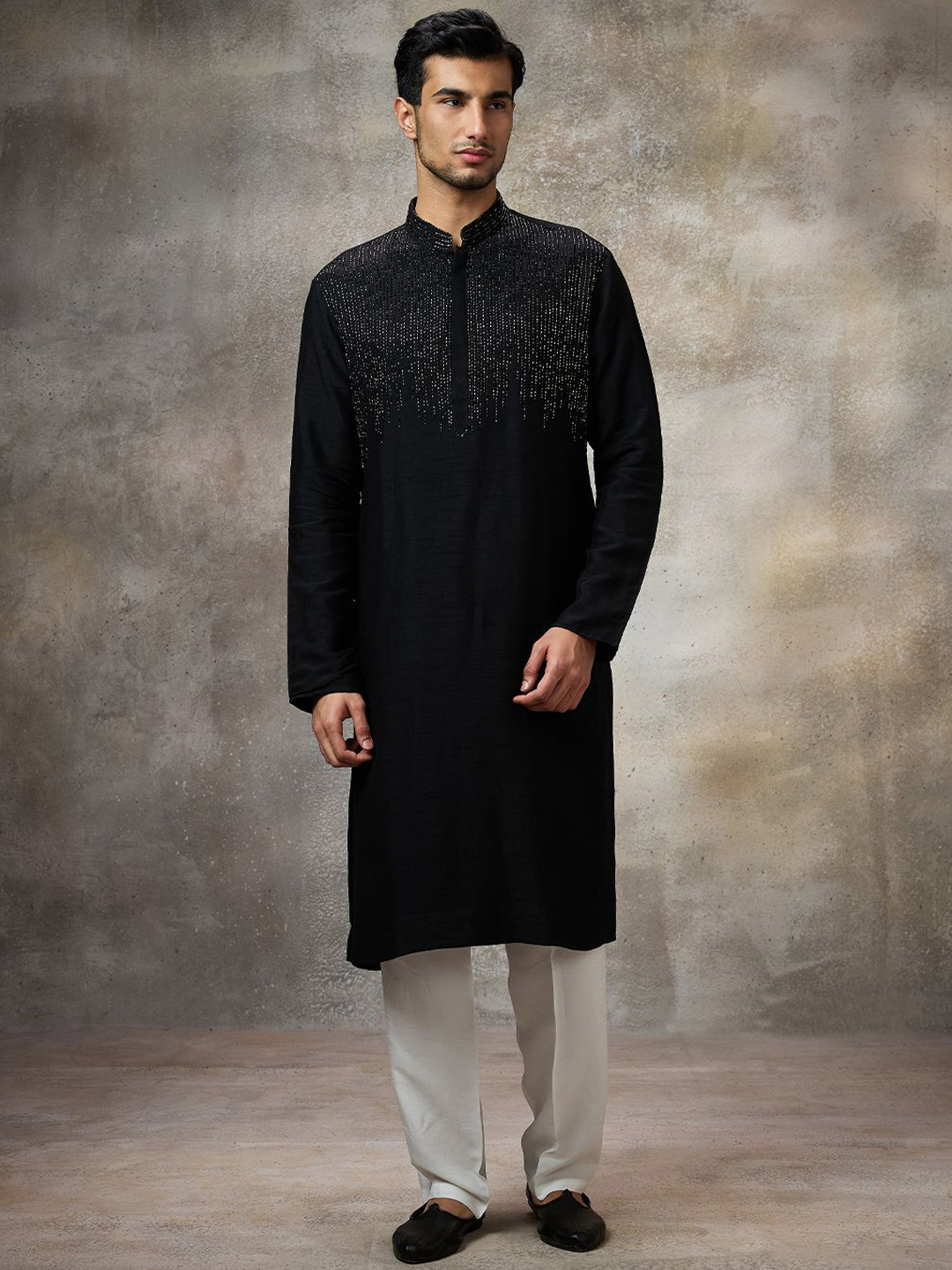 Rivaar By Rocky Star Yoke Design Beads and Stones Mandarin Collar Kurta With Pyjamas