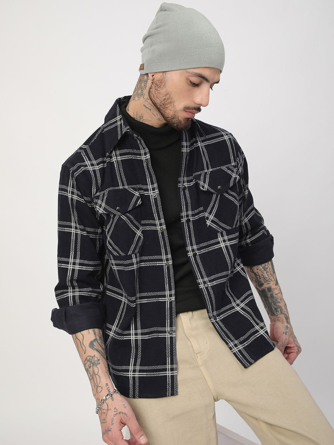 VASTRADO Men Classic Slim Fit Black Checked Casual Overshirt