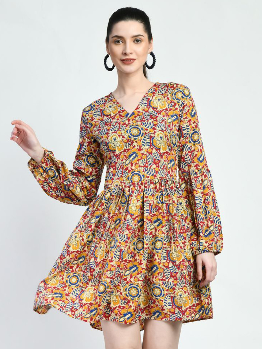 AGARU Women Printed Crepe Fit-Flare Mini Dress