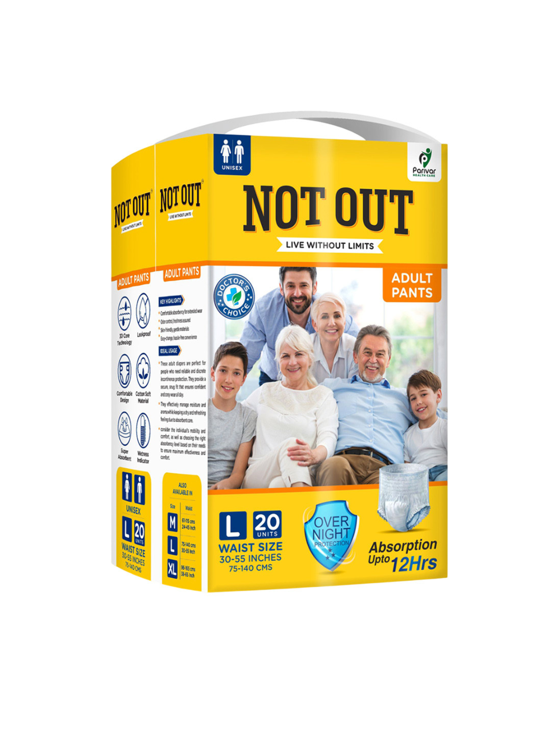 Not Out 3D Core Technology Adult Diapers - 20 Pieces - L