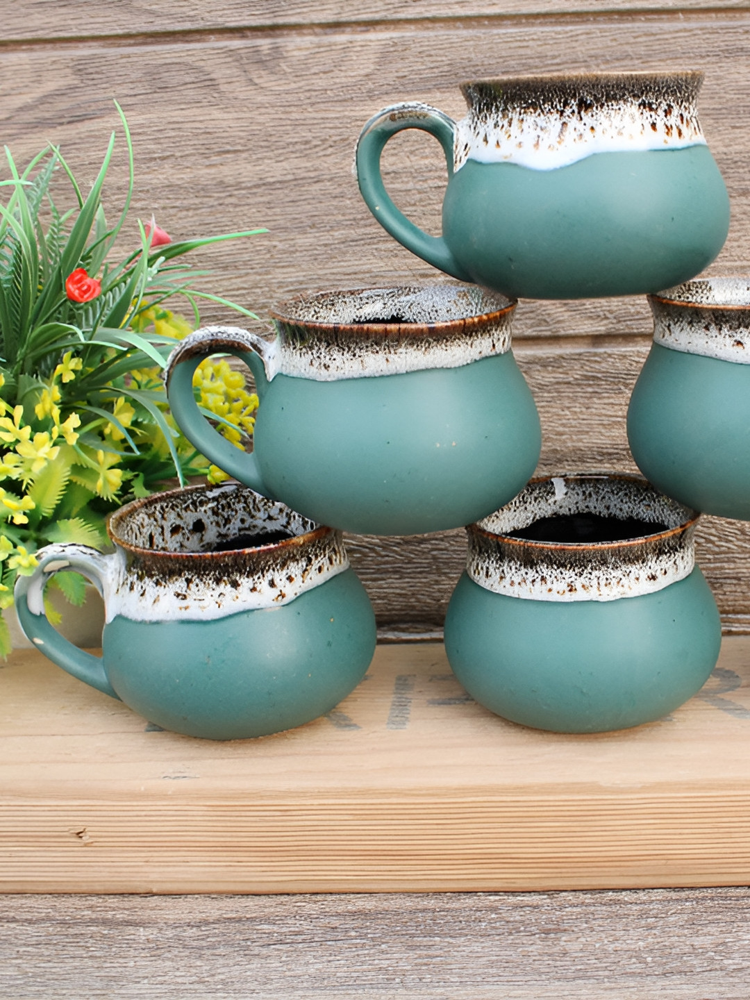 laghima jadon Green Textured Ceramic Handmade 6 Piece Cups-150ml