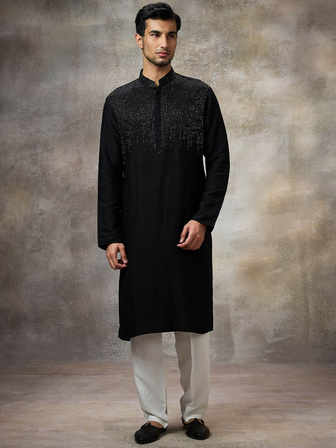 Rivaar By Rocky Star Embroidered Beads & Stones Mandarin Collar Straight Kurta & Trousers
