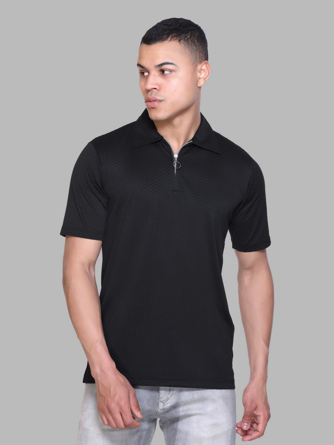 TOGS & TERRE Men Self Design Polo Collar Cotton T-shirt