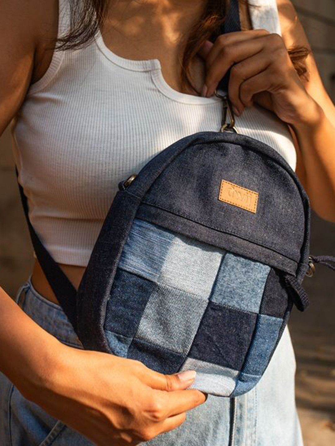 DWIJ Women Upcycled Denim Two Way Oval Fanny Bag