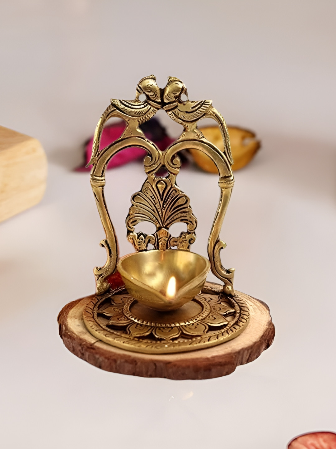 The Spiritual Living 2 Pieces Yellow Textured Peacock Diya With Base