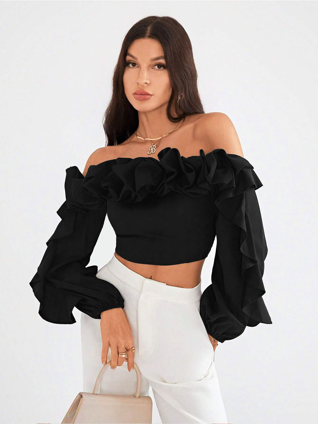Stylecast X Slyck Women Solid Pattern Off-Shoulder Crop Top