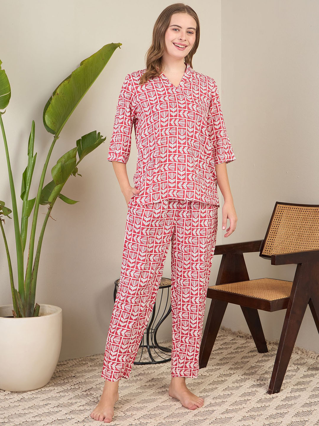 July Basic Women Bohemian Printed Lapel Collar Kurti & Pyjamas Night suits