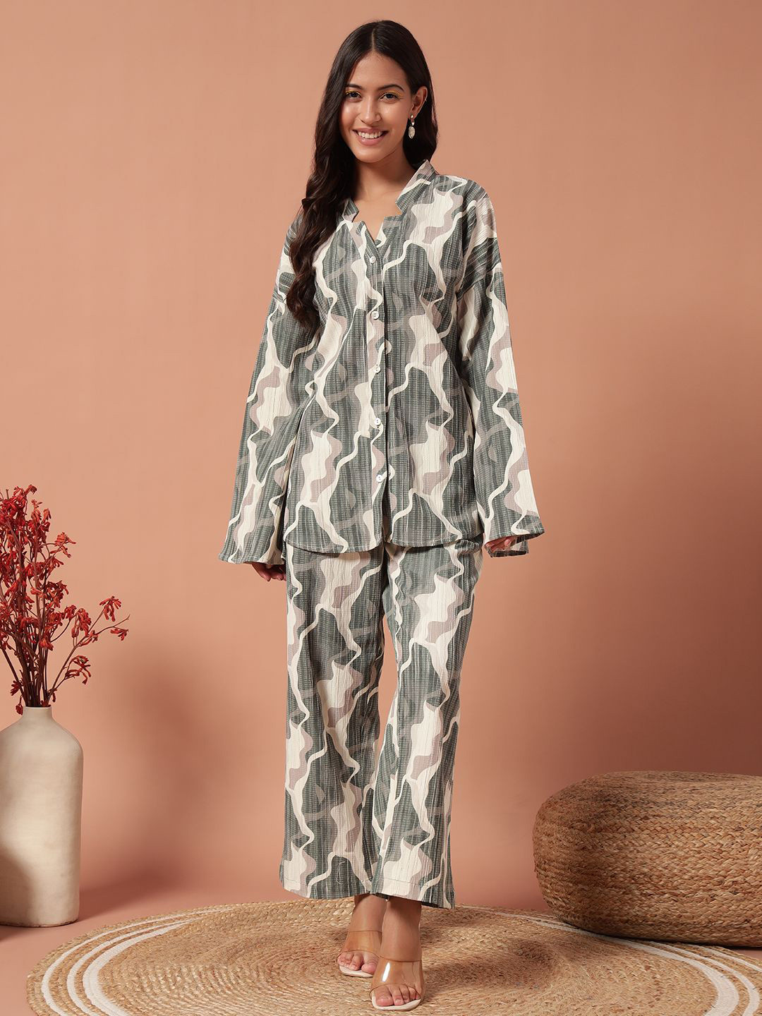 Plagg Abstract Printed Shawl Neck Top With Trousers