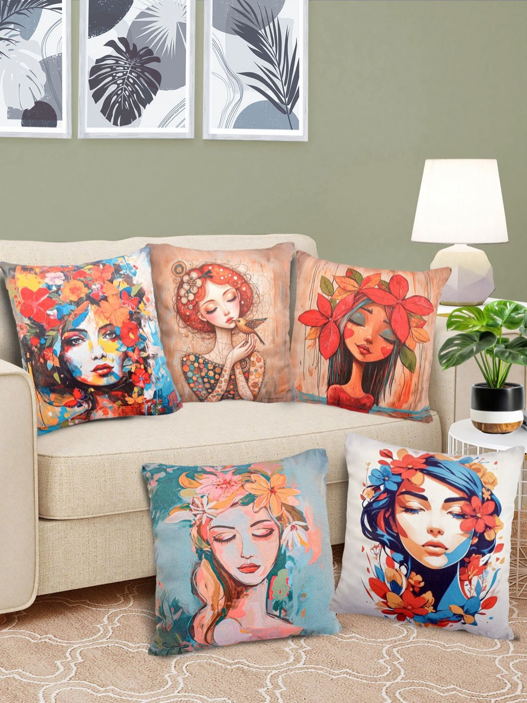 FABINALIV Beige and Pink 5 Pieces Abstract Velvet Square Cushion Covers