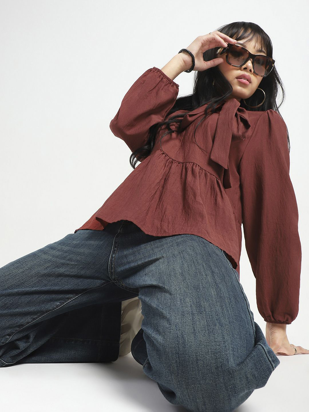 Sera Women Rust Bow Tie Peplum  Korean Top