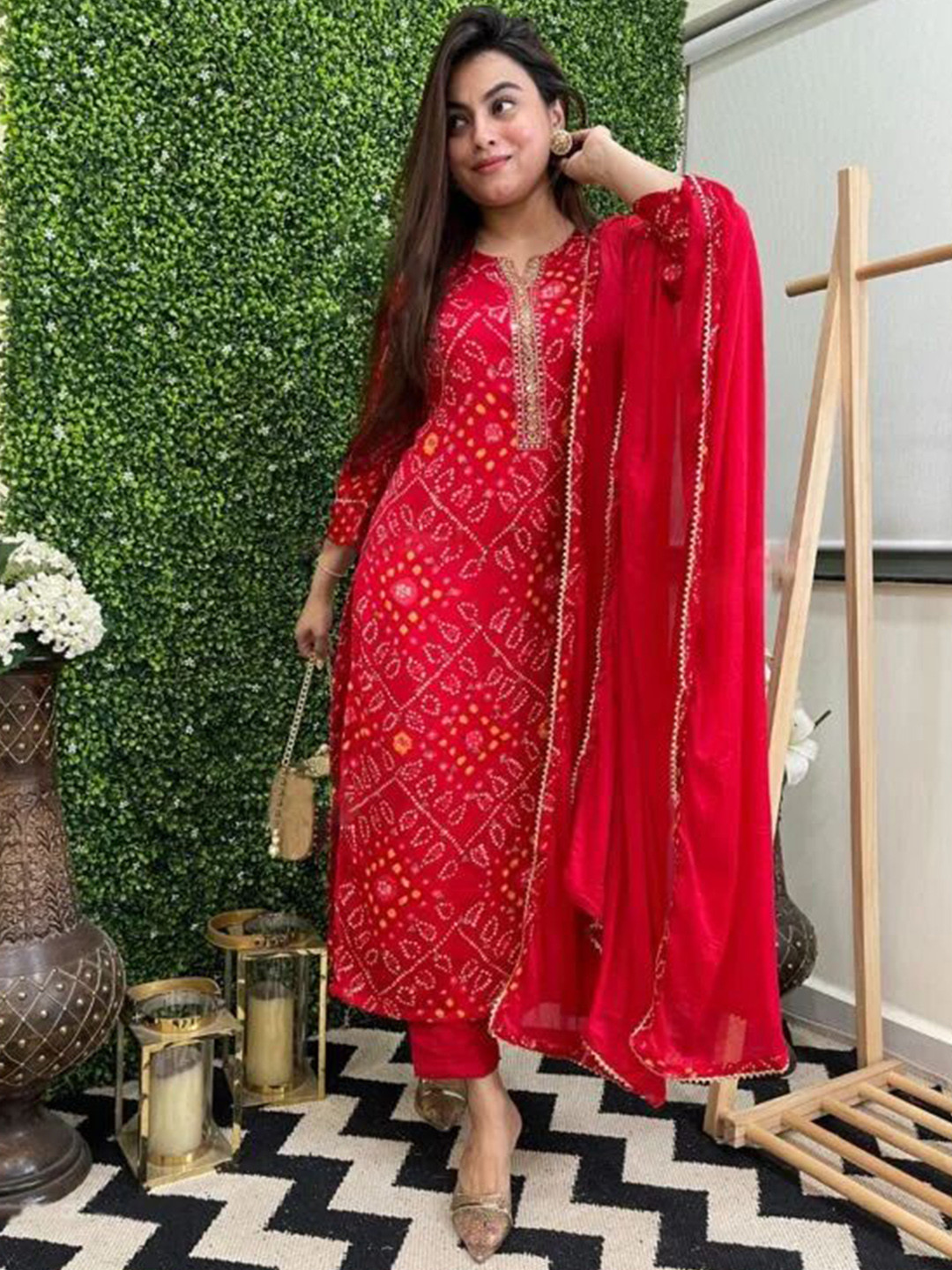 hirangana Bandhani Printed Gotta Patti Notch Neck Straight Kurta With Trousers & Dupatta