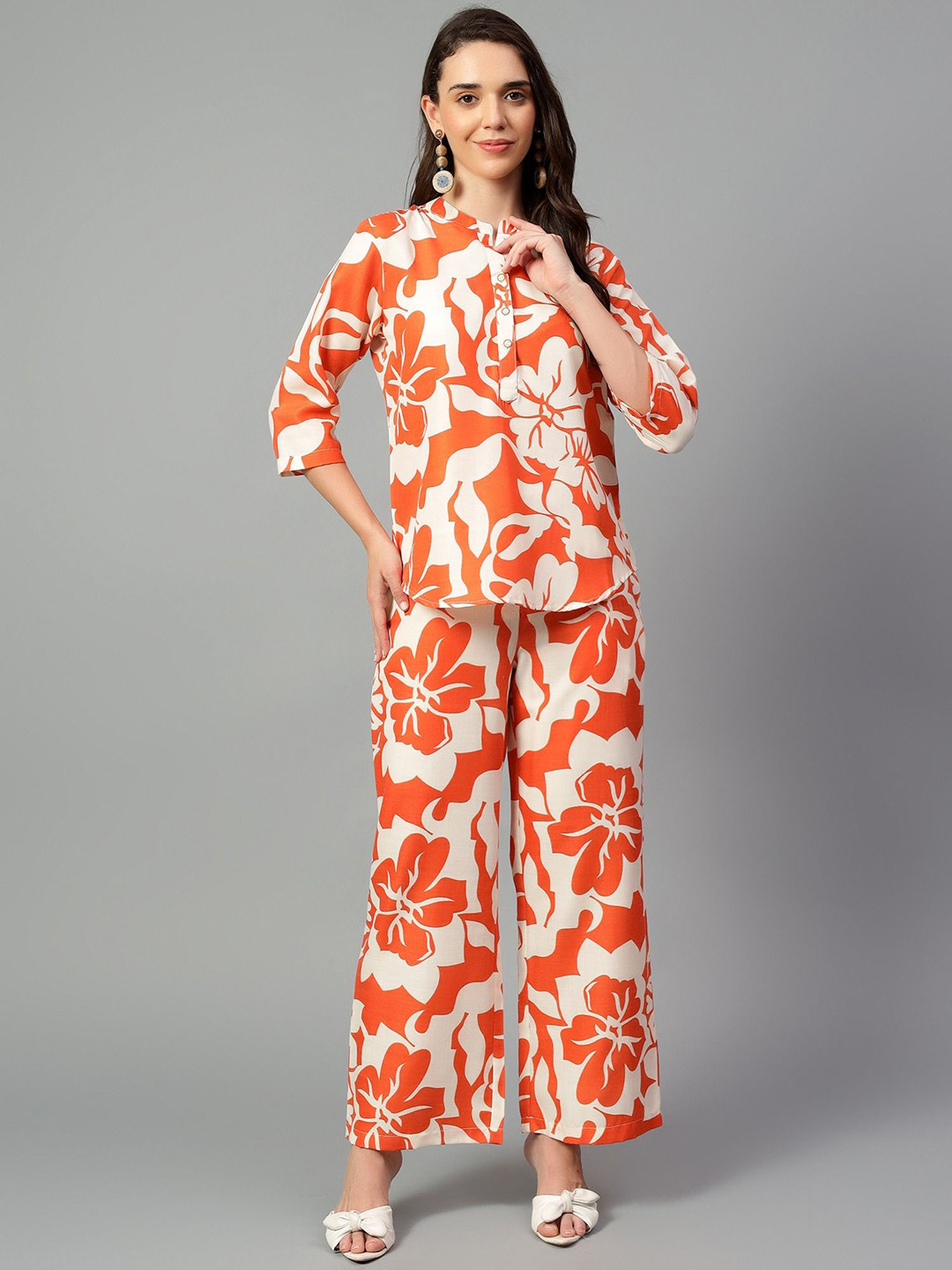 BEACH & HILL Printed Mandarin Collar Pure Cotton Shirt With Trousers