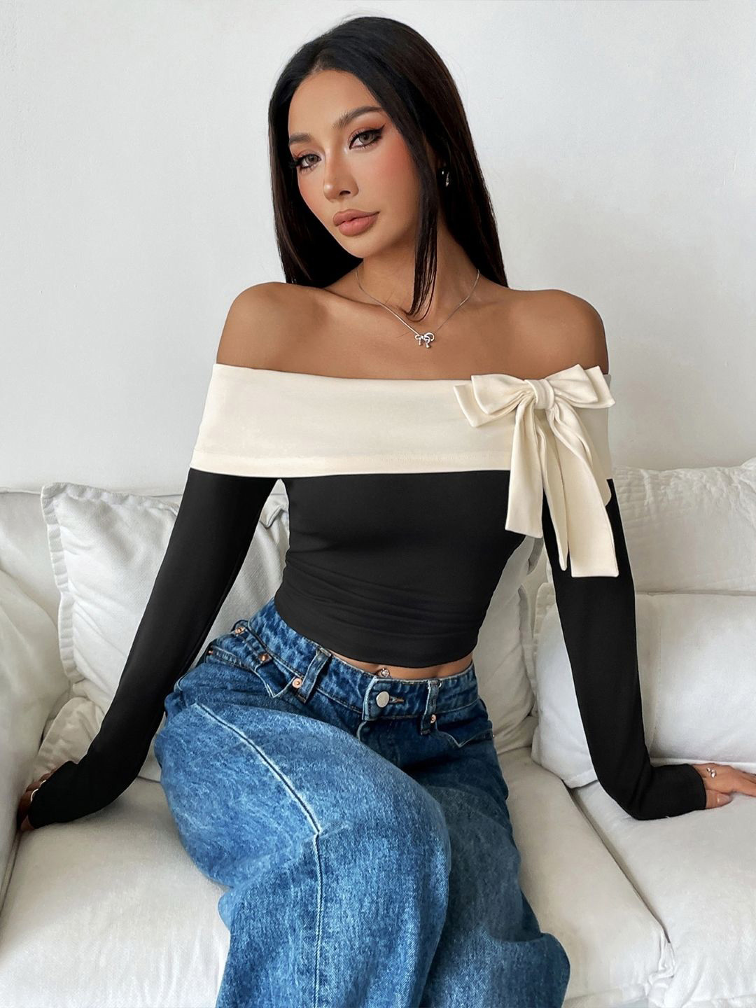 StyleCast Black Off-Shoulder Crop Top with Bow