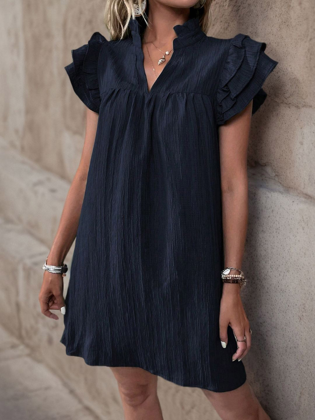 Navy Blue Solid Fit and Flare Dress with Flutter Sleeves
