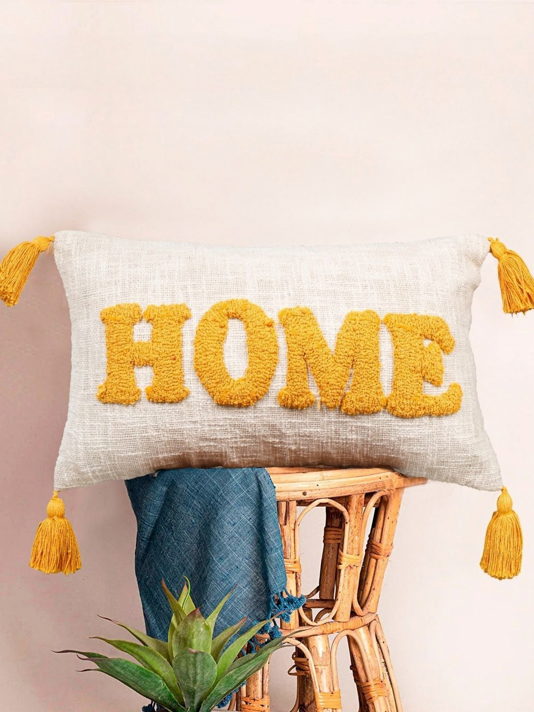HOMADORN Off White & Yellow Embroidered Rectangle Cushion Cover
