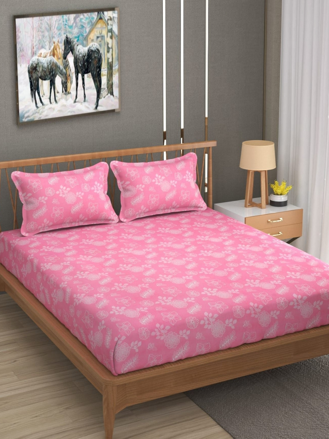 KIDS WONDERS Pink Floral Microfiber 160 TC Fitted King Bedsheet with 2 Pillow Covers-71 x 75 inches
