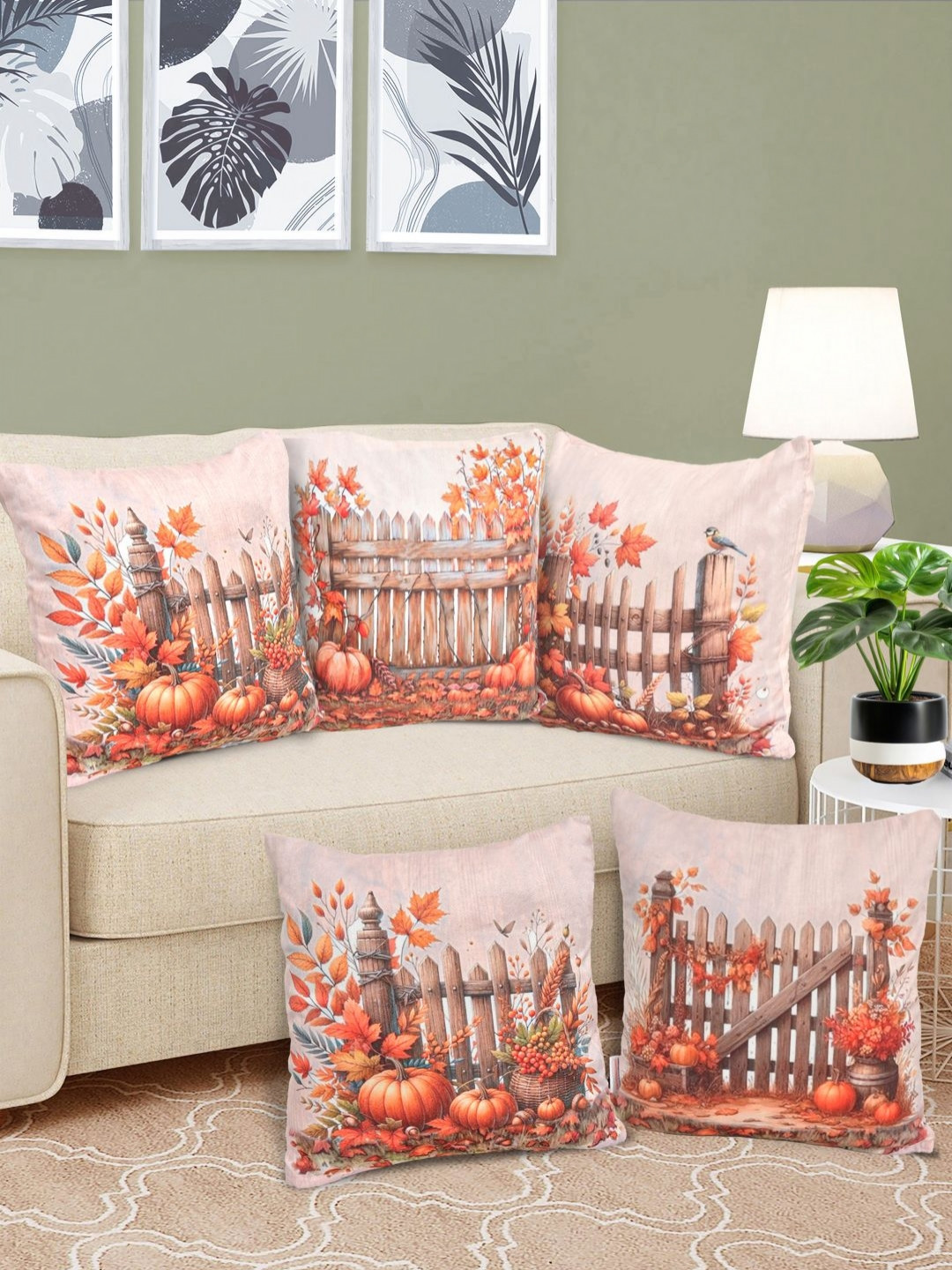 FABINALIV Floral White Graphic Velvet Reversible 5 Piece Square Cushion Covers -16x16In