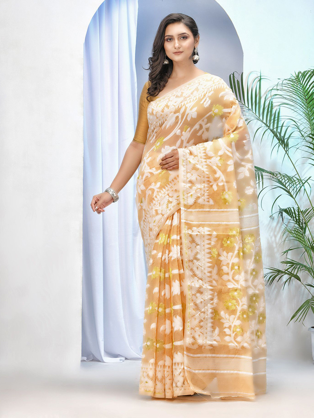 DESH BIDESH Floral Woven Design Pure Cotton Jamdani Saree