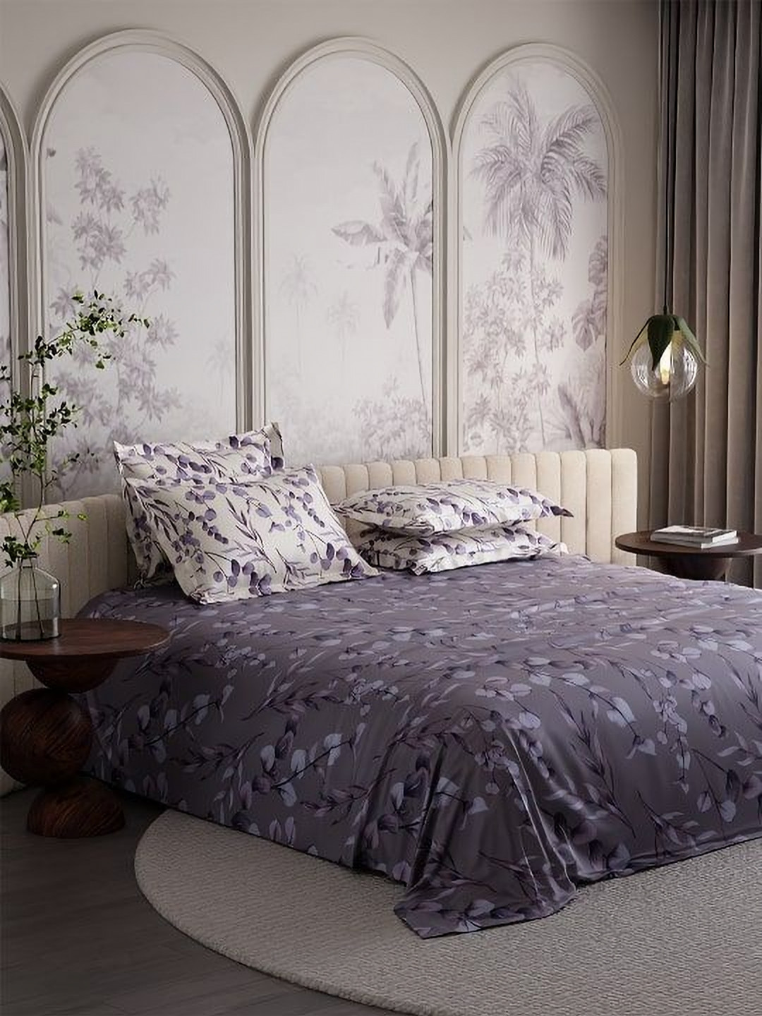 Stoa Paris Grey Floral Cotton 300 TC Super King Fine Bedsheet with 4 Pillow Covers-274 x 274 cm