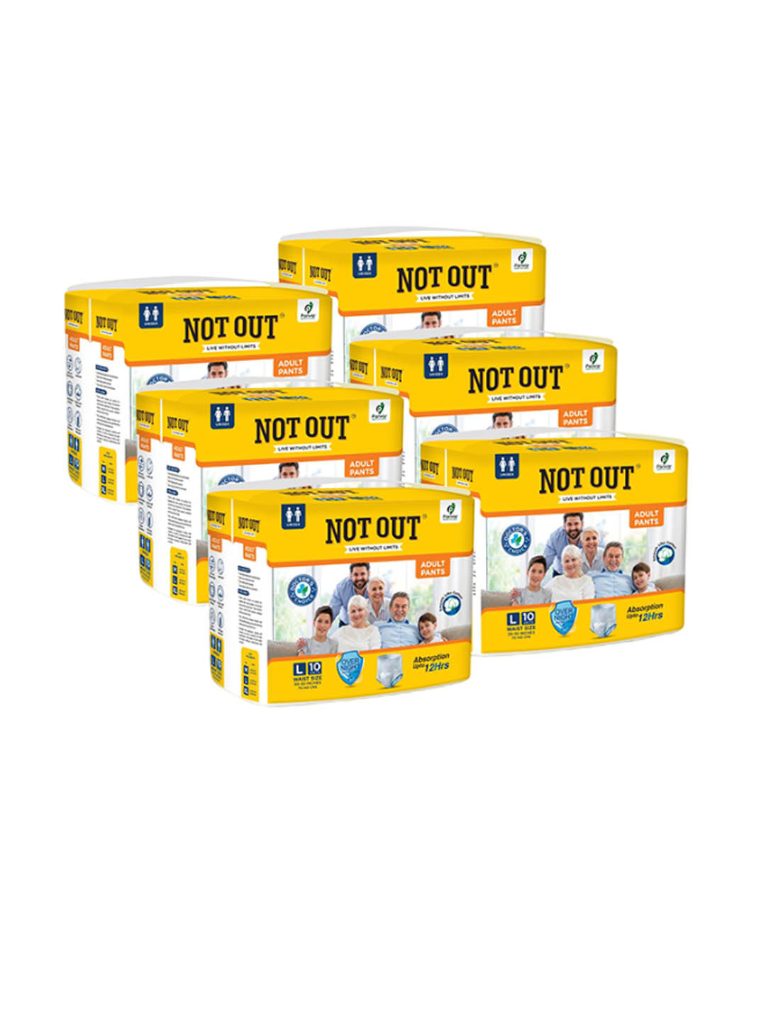 Not Out Set Of 6 3D Core Technology Adult Diapers - 10 Pieces Each - L
