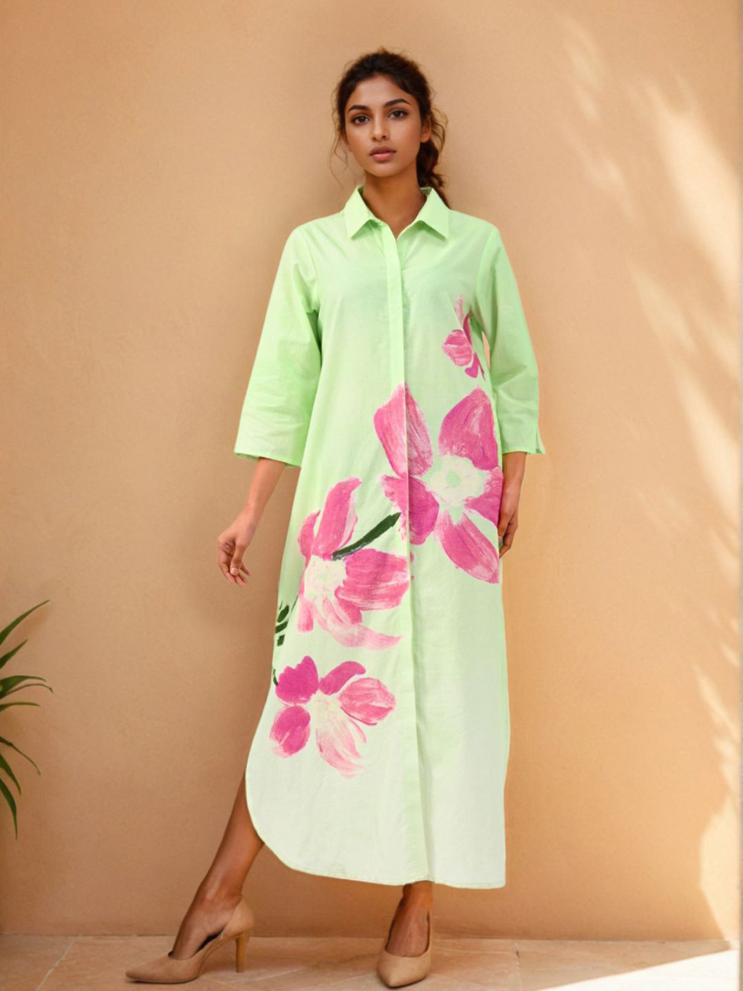 Zolo Label Women Cosmic Green Handpainted Shirt Cotton Dress